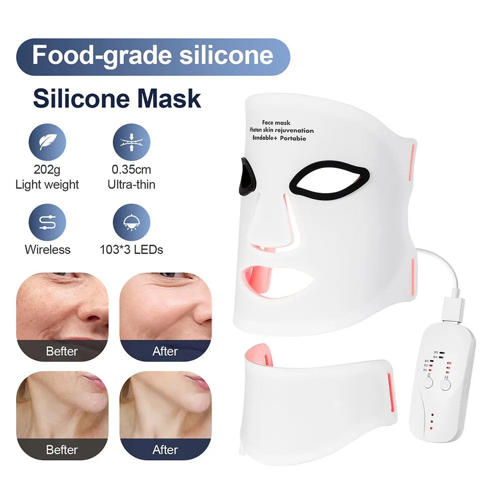 Gracefully Glowing™ 7-Color Silicone LED Therapy Mask – Wireless Red Light Skin Rejuvenation & Repair (Face + Neck)