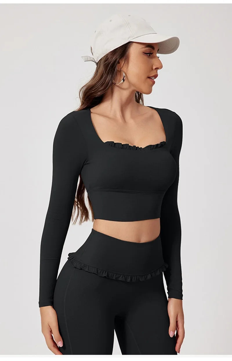 Women’s Long Sleeve Yoga & Pilates Top – Pink Fitness Shirt with Ruffle Detail
