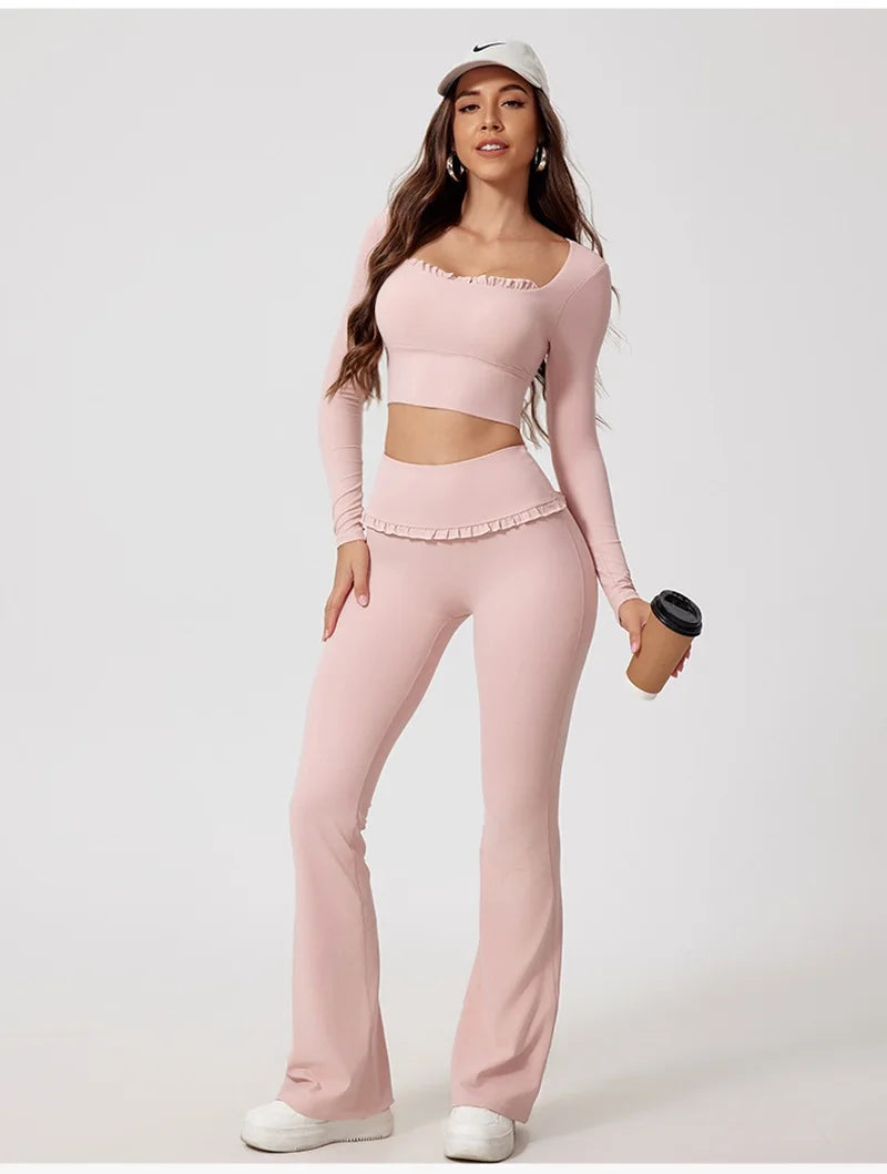 Women’s Long Sleeve Yoga & Pilates Top – Pink Fitness Shirt with Ruffle Detail
