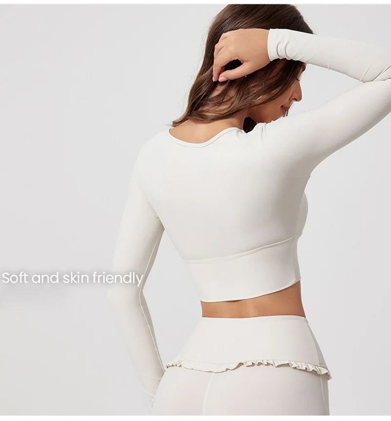 Women’s Long Sleeve Yoga & Pilates Top – Pink Fitness Shirt with Ruffle Detail