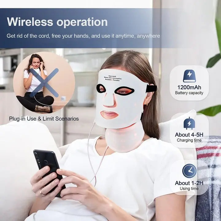 Gracefully Glowing™ 7-Color Silicone LED Therapy Mask – Wireless Red Light Skin Rejuvenation & Repair (Face + Neck)