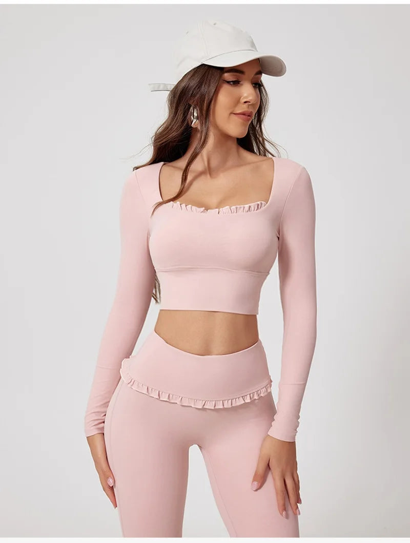 Women’s Long Sleeve Yoga & Pilates Top – Pink Fitness Shirt with Ruffle Detail