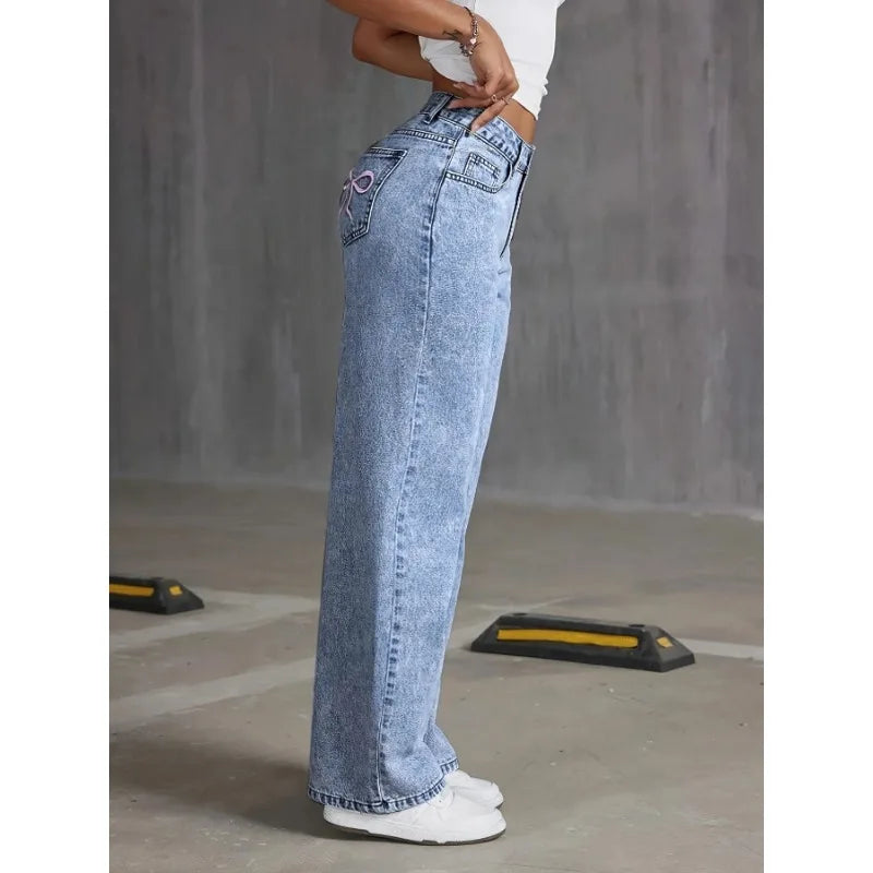 Gracefully Playful Bow-Back Wide Leg Jeans – Blue