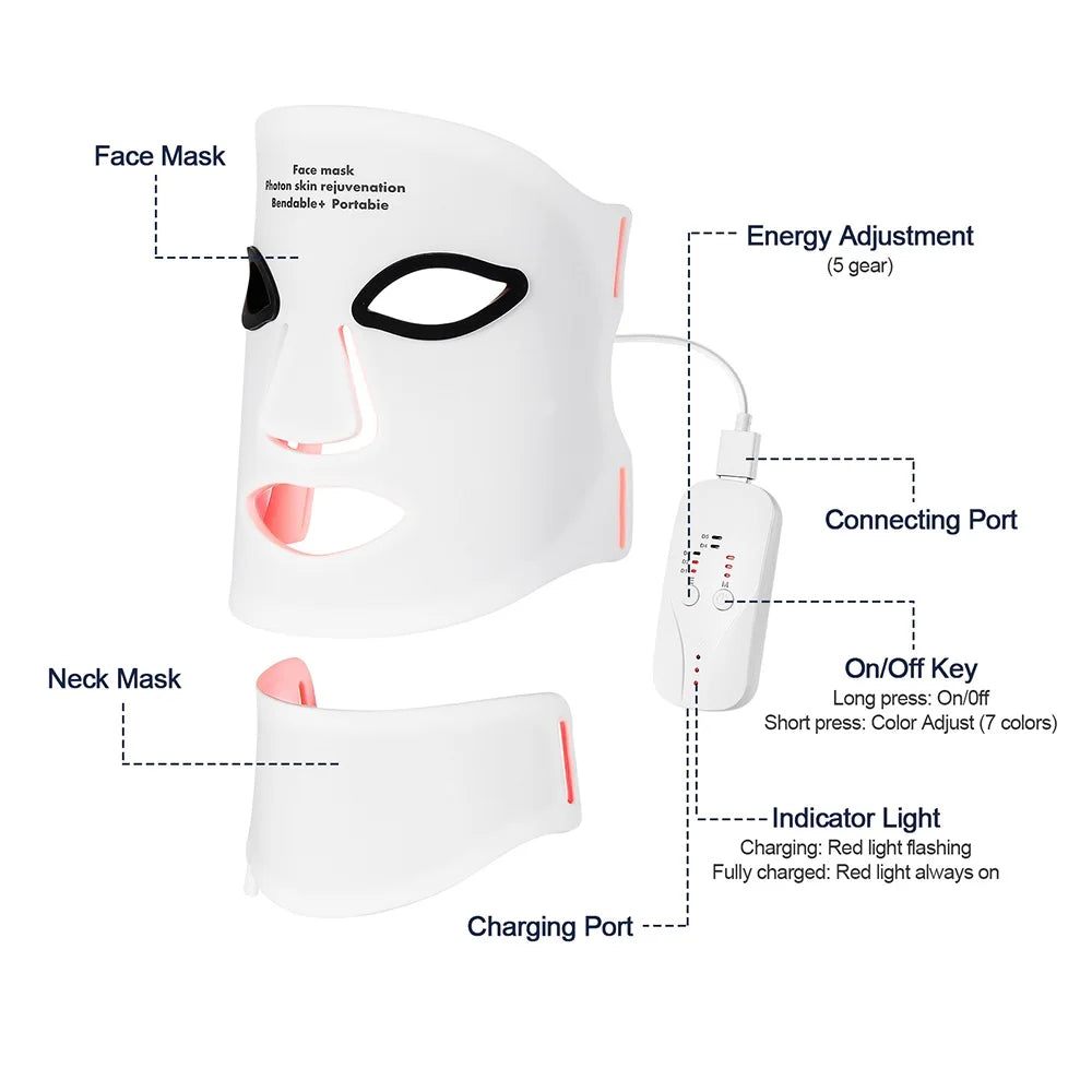 Gracefully Glowing™ 7-Color Silicone LED Therapy Mask – Wireless Red Light Skin Rejuvenation & Repair (Face + Neck)