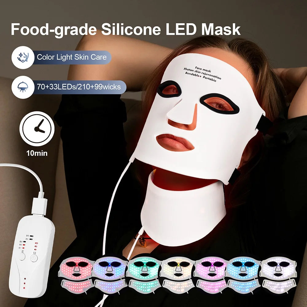 Gracefully Glowing™ 7-Color Silicone LED Therapy Mask – Wireless Red Light Skin Rejuvenation & Repair (Face + Neck)