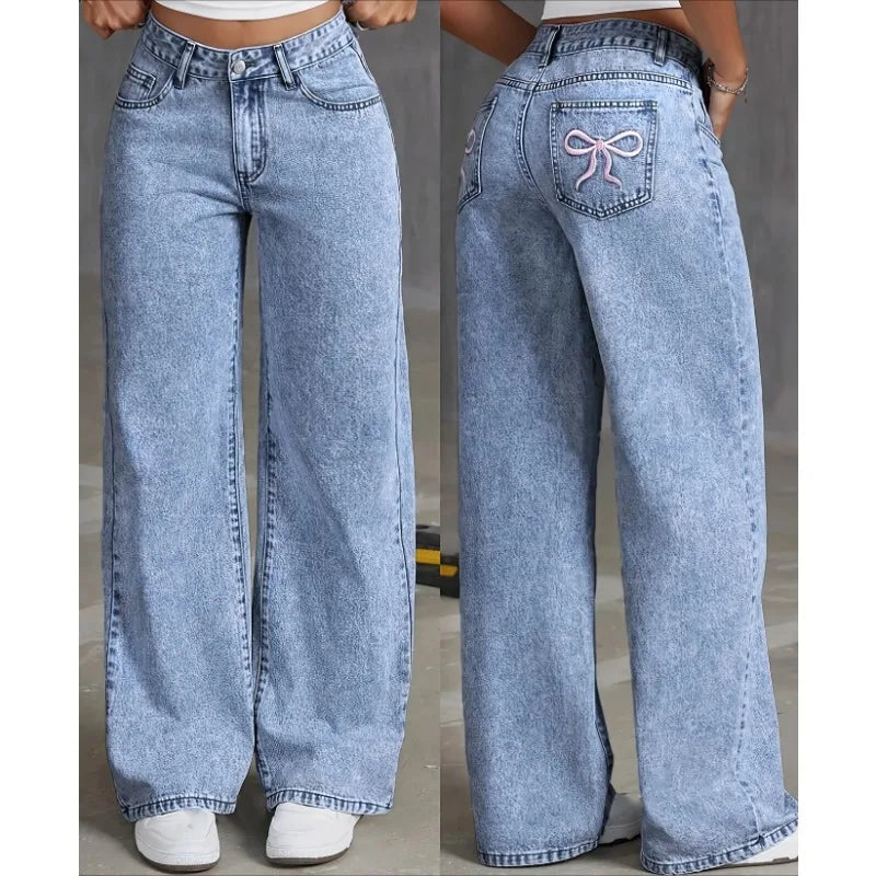 Gracefully Playful Bow-Back Wide Leg Jeans – Blue