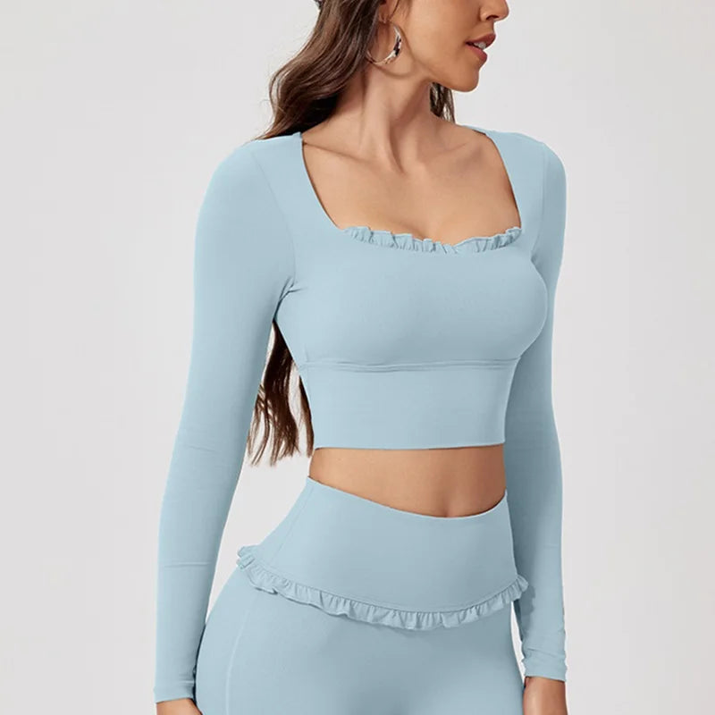 Women’s Long Sleeve Yoga & Pilates Top – Pink Fitness Shirt with Ruffle Detail