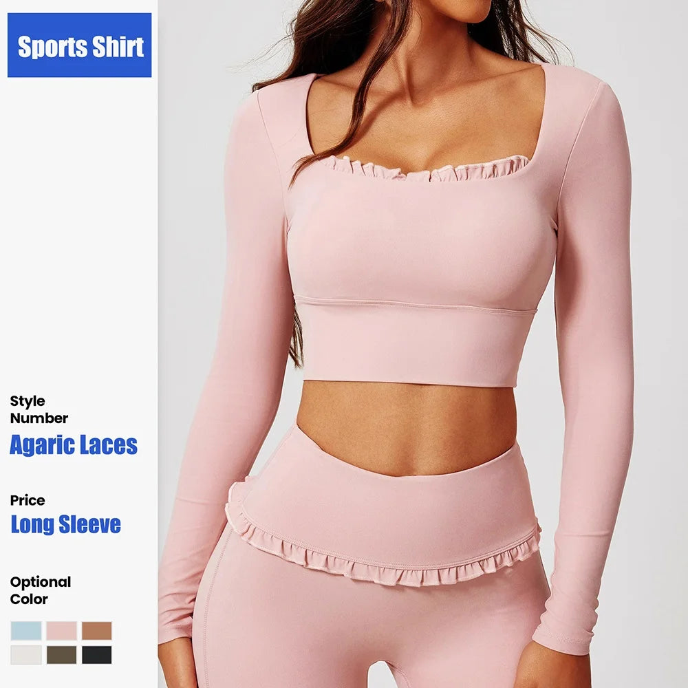Women’s Long Sleeve Yoga & Pilates Top – Pink Fitness Shirt with Ruffle Detail