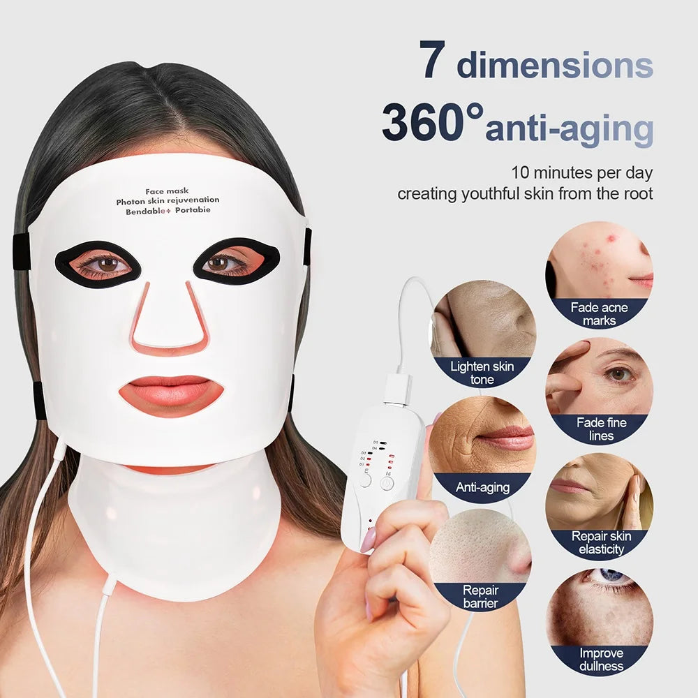 Gracefully Glowing™ 7-Color Silicone LED Therapy Mask – Wireless Red Light Skin Rejuvenation & Repair (Face + Neck)