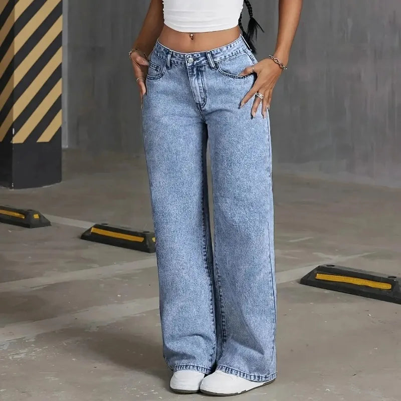Gracefully Playful Bow-Back Wide Leg Jeans – Blue