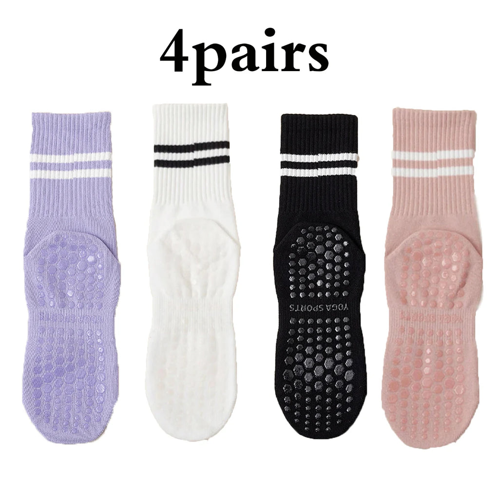 Glow & Go Non-Slip Pilates & Yoga Socks – 4 Pairs with Grips for Stability and Comfort