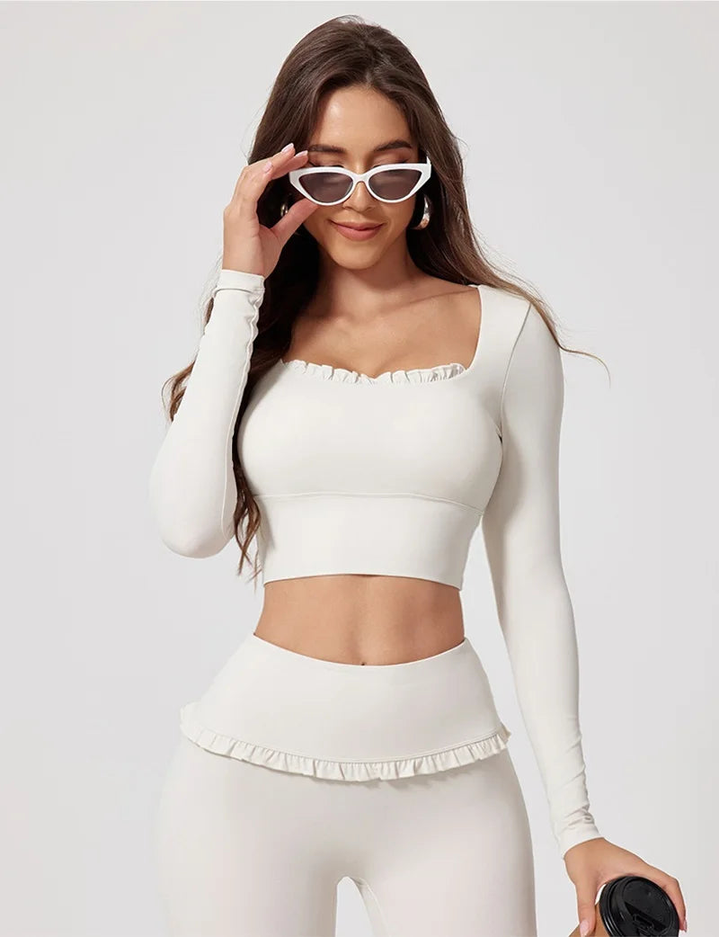 Women’s Long Sleeve Yoga & Pilates Top – Pink Fitness Shirt with Ruffle Detail