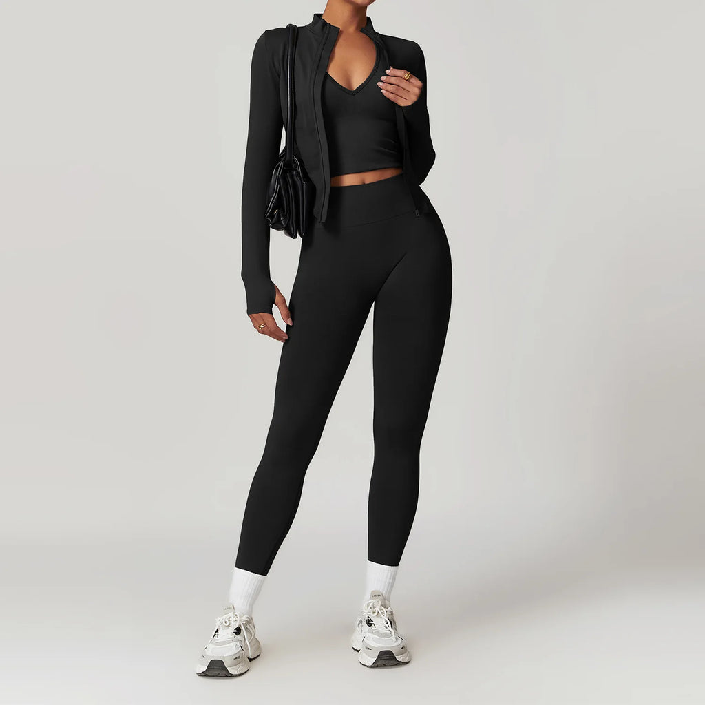 Glow & Go Seamless Women’s 2/3-Piece Gym Set – Long Sleeve Top, Sports Bra & High-Waist Leggings – Different Colors